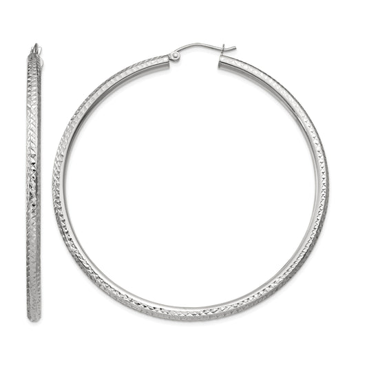14k White Gold 3x60mm Diamond-cut Round Tube Hoop Earrings