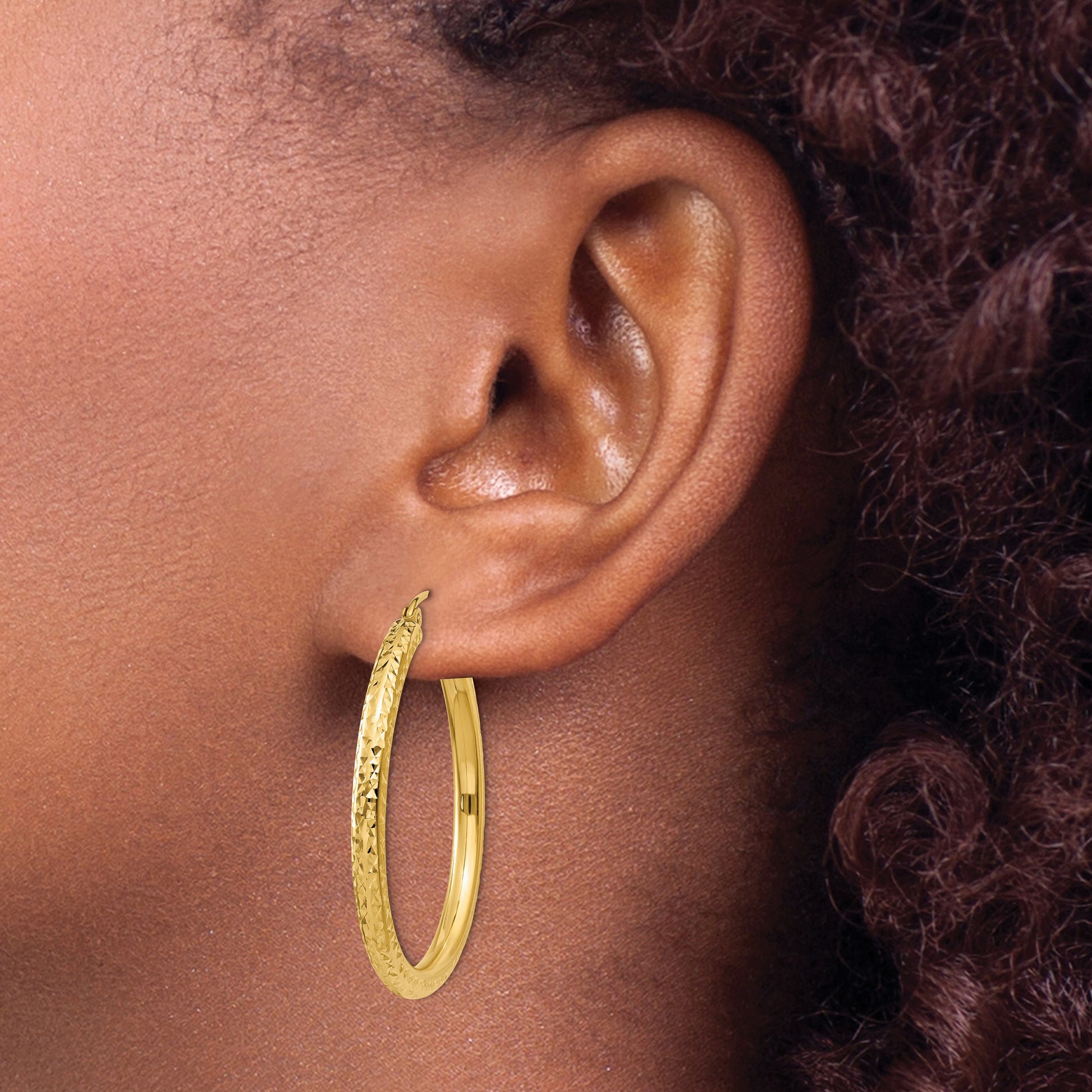 14k 3x35mm Diamond-cut Round Tube Hoop Earrings