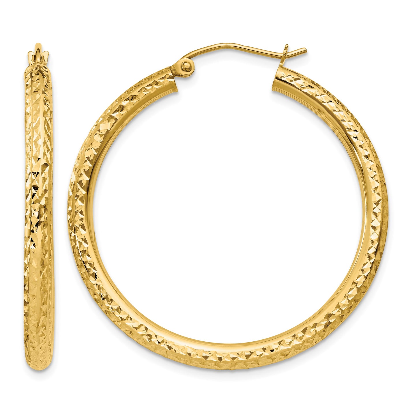 14k 3x35mm Diamond-cut Round Tube Hoop Earrings
