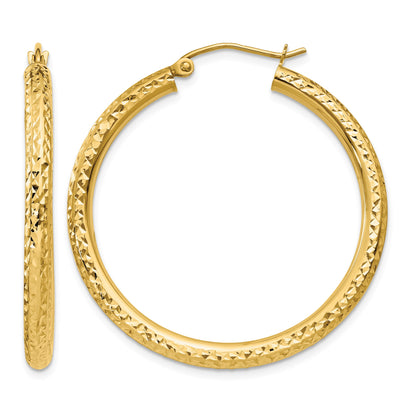 14k 3x35mm Diamond-cut Round Tube Hoop Earrings