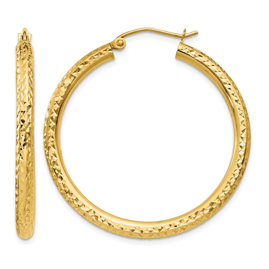 14k 3x35mm Diamond-cut Round Tube Hoop Earrings