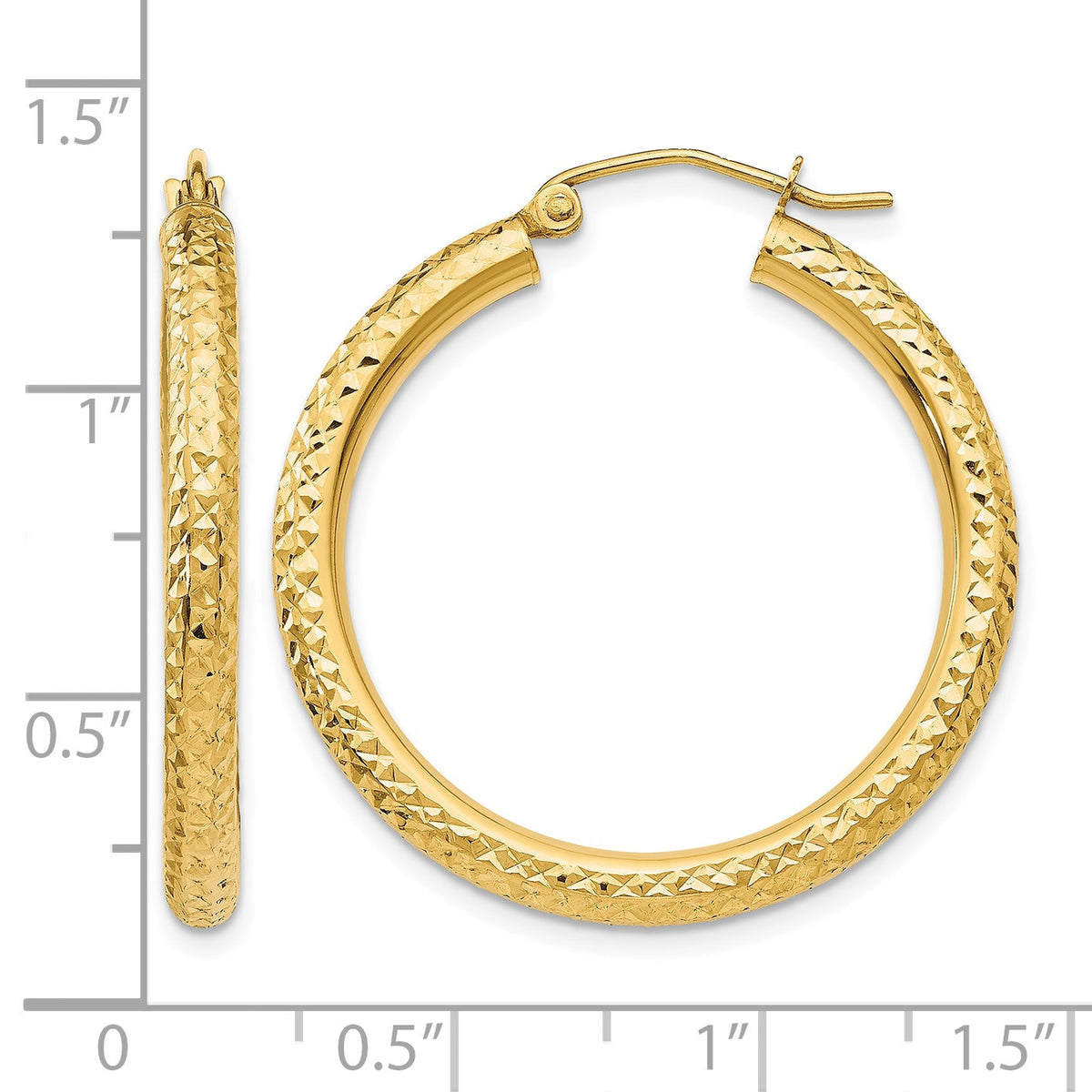 14k 3x30mm Diamond-cut Round Tube Hoop Earrings