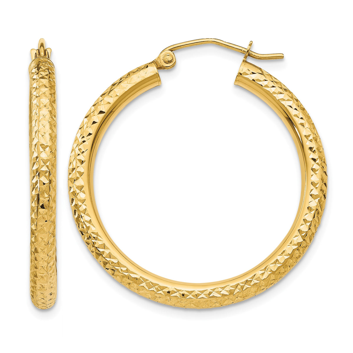 14k 3x30mm Diamond-cut Round Tube Hoop Earrings