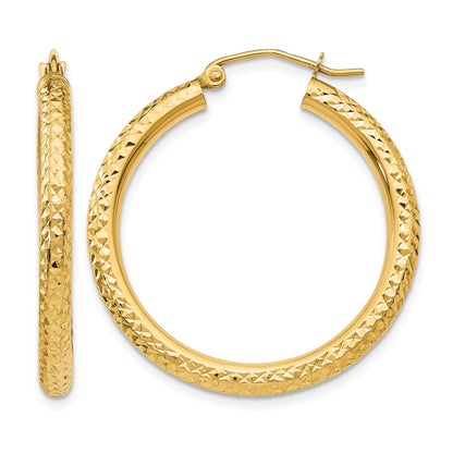 14k 3x30mm Diamond-cut Round Tube Hoop Earrings