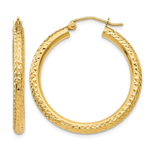 14k 3x30mm Diamond-cut Round Tube Hoop Earrings