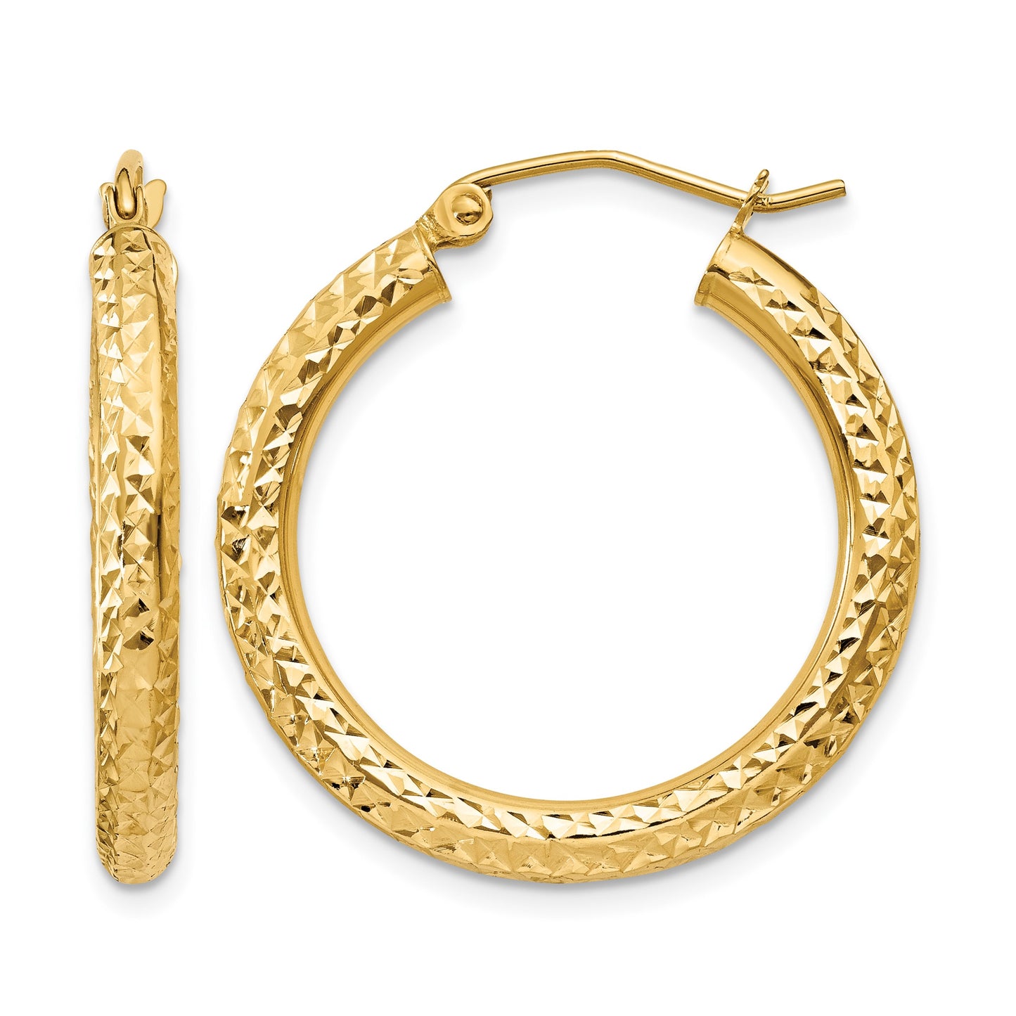 14k 3x25mm Diamond-cut Round Tube Hoop Earrings