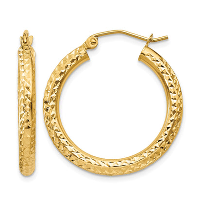 14k 3x25mm Diamond-cut Round Tube Hoop Earrings