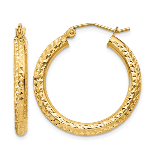 14k 3x25mm Diamond-cut Round Tube Hoop Earrings