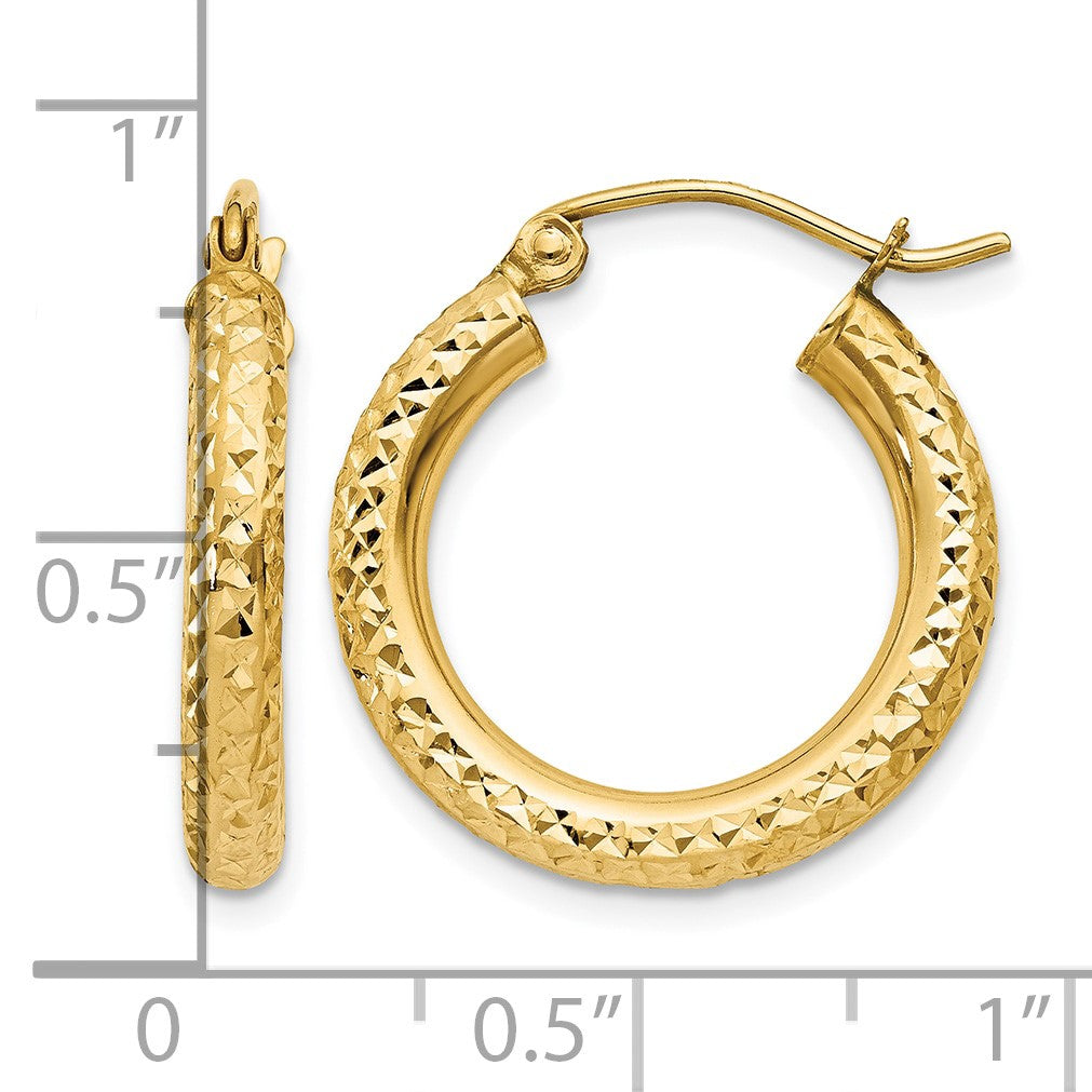 14k 3x20mm Diamond-cut Round Tube Hoop Earrings