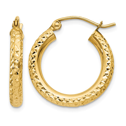 14k 3x20mm Diamond-cut Round Tube Hoop Earrings