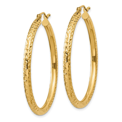 14k 3x40mm Diamond-cut Round Tube Hoop Earrings
