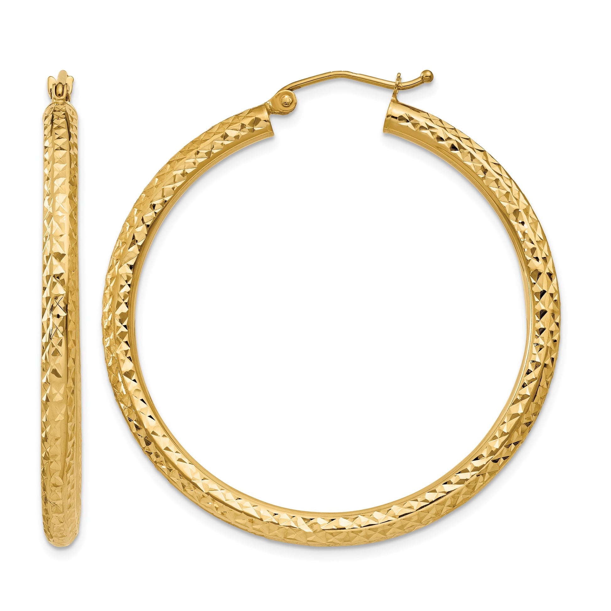 14k 3x40mm Diamond-cut Round Tube Hoop Earrings