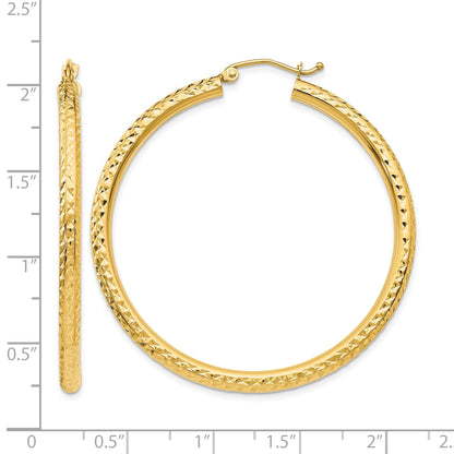 14k 3x45mm Diamond-cut Round Tube Hoop Earrings