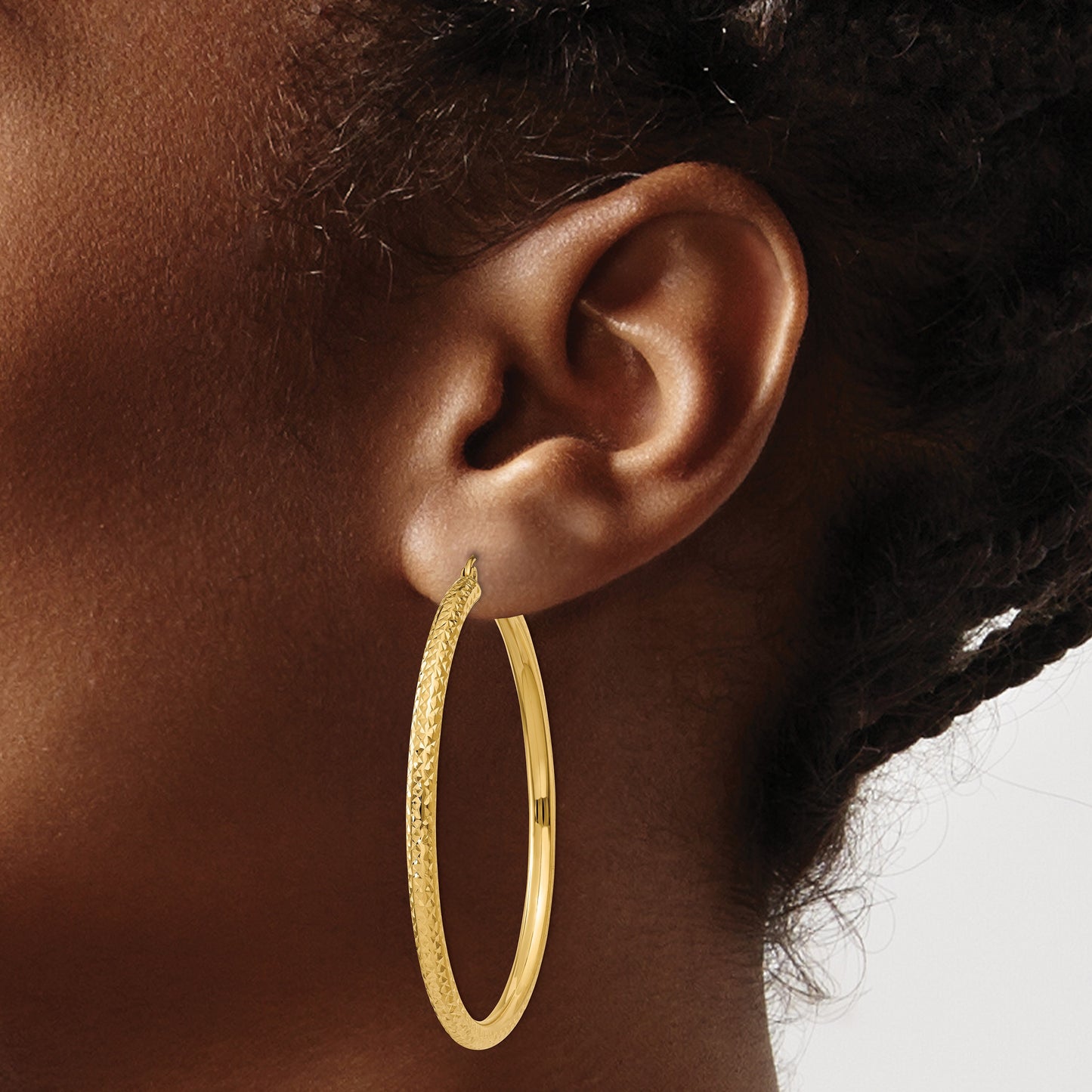 14k 3x50mm Diamond-cut Round Tube Hoop Earrings