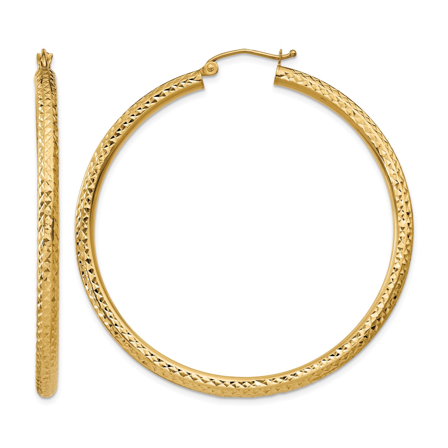 14k 3x50mm Diamond-cut Round Tube Hoop Earrings