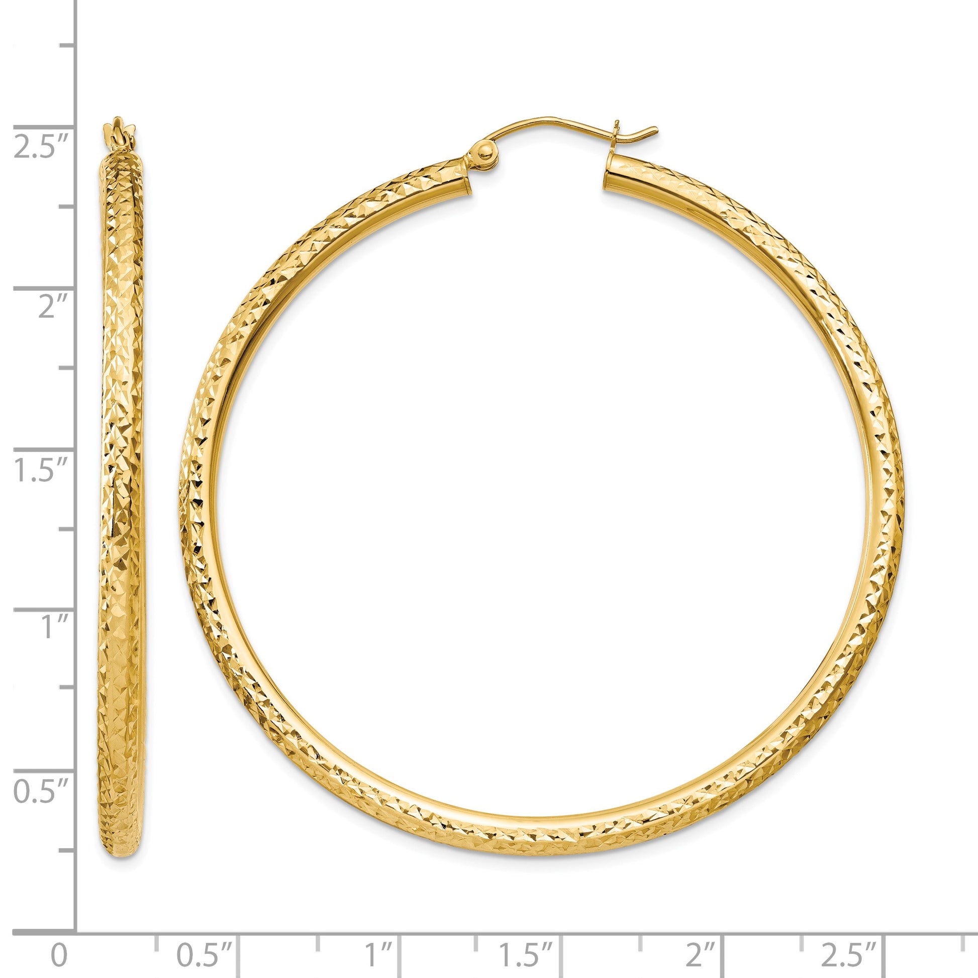 14k 3x55mm Diamond-cut Round Tube Hoop Earrings