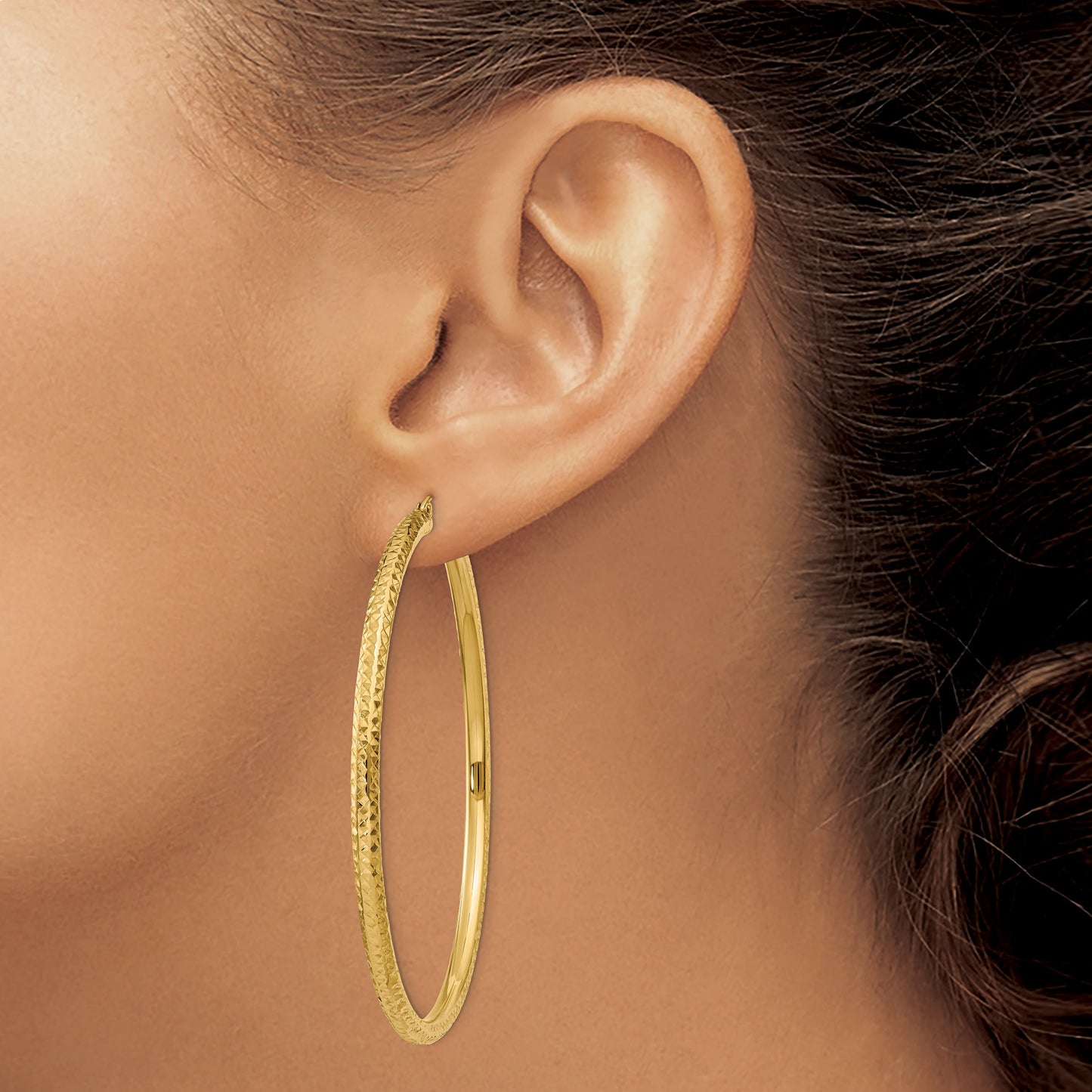 14k 3x60mm Diamond-cut Round Tube Hoop Earrings