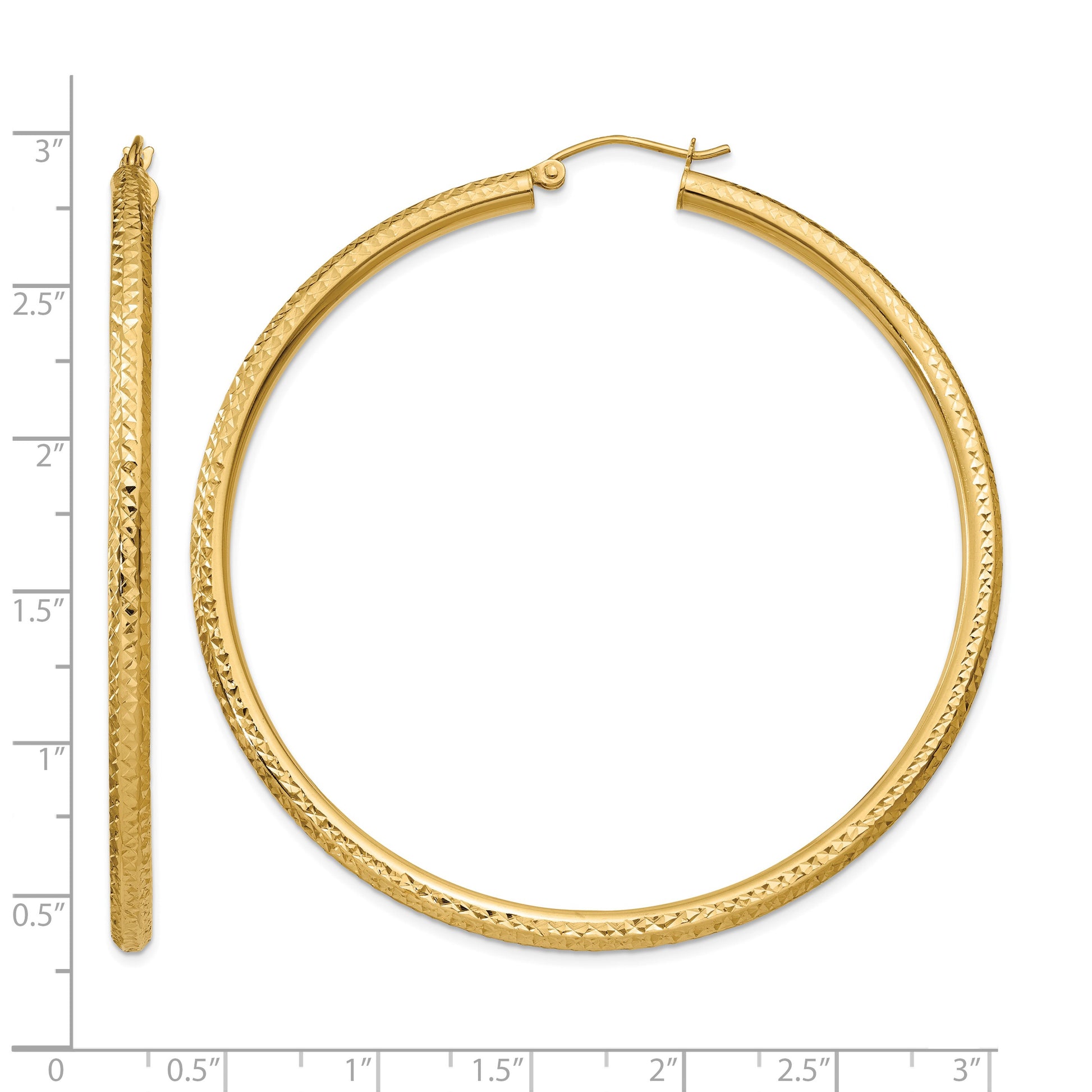 14k 3x60mm Diamond-cut Round Tube Hoop Earrings