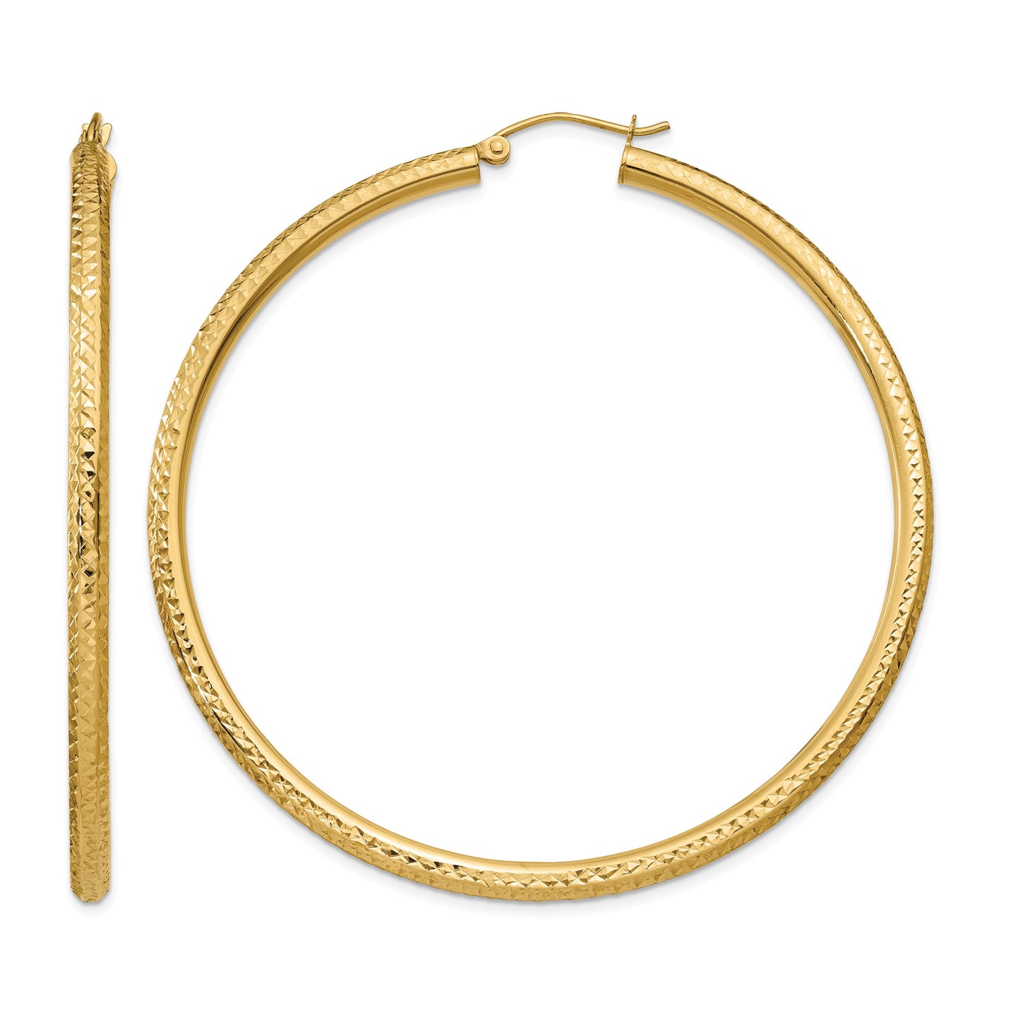 14k 3x60mm Diamond-cut Round Tube Hoop Earrings