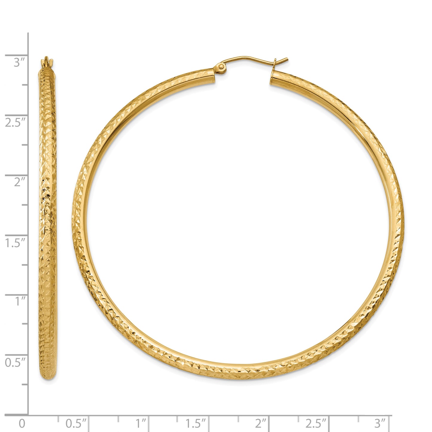 14k 3x65mm Diamond-cut Round Tube Hoop Earrings