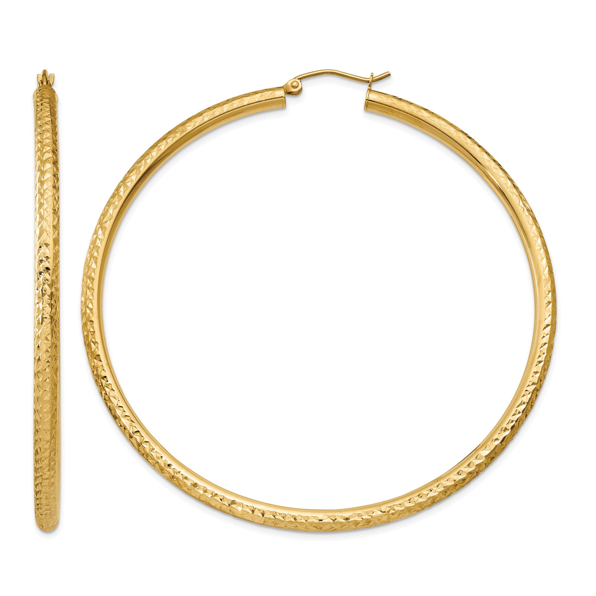 14k 3x65mm Diamond-cut Round Tube Hoop Earrings