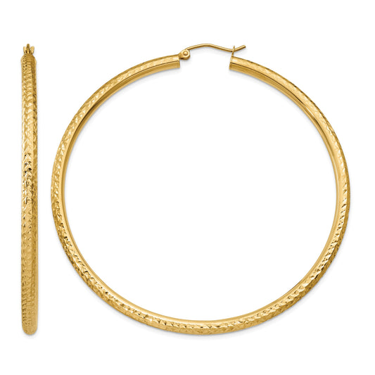 14k 3x65mm Diamond-cut Round Tube Hoop Earrings
