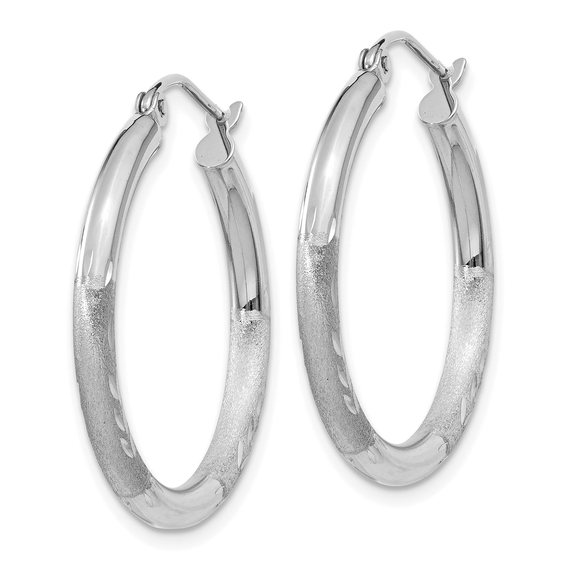 14k White Gold 3x24mm Satin Diamond-cut Round Tube Hoop Earrings