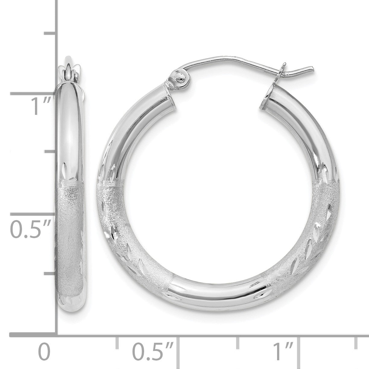 14k White Gold 3x24mm Satin Diamond-cut Round Tube Hoop Earrings
