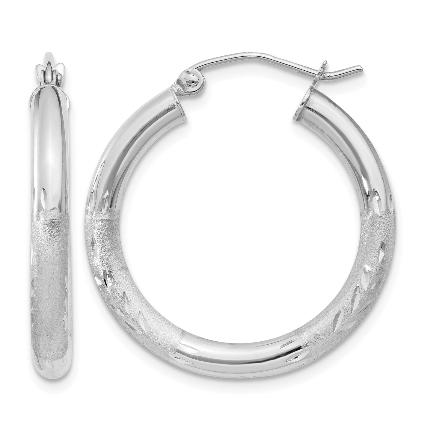 14k White Gold 3x24mm Satin Diamond-cut Round Tube Hoop Earrings