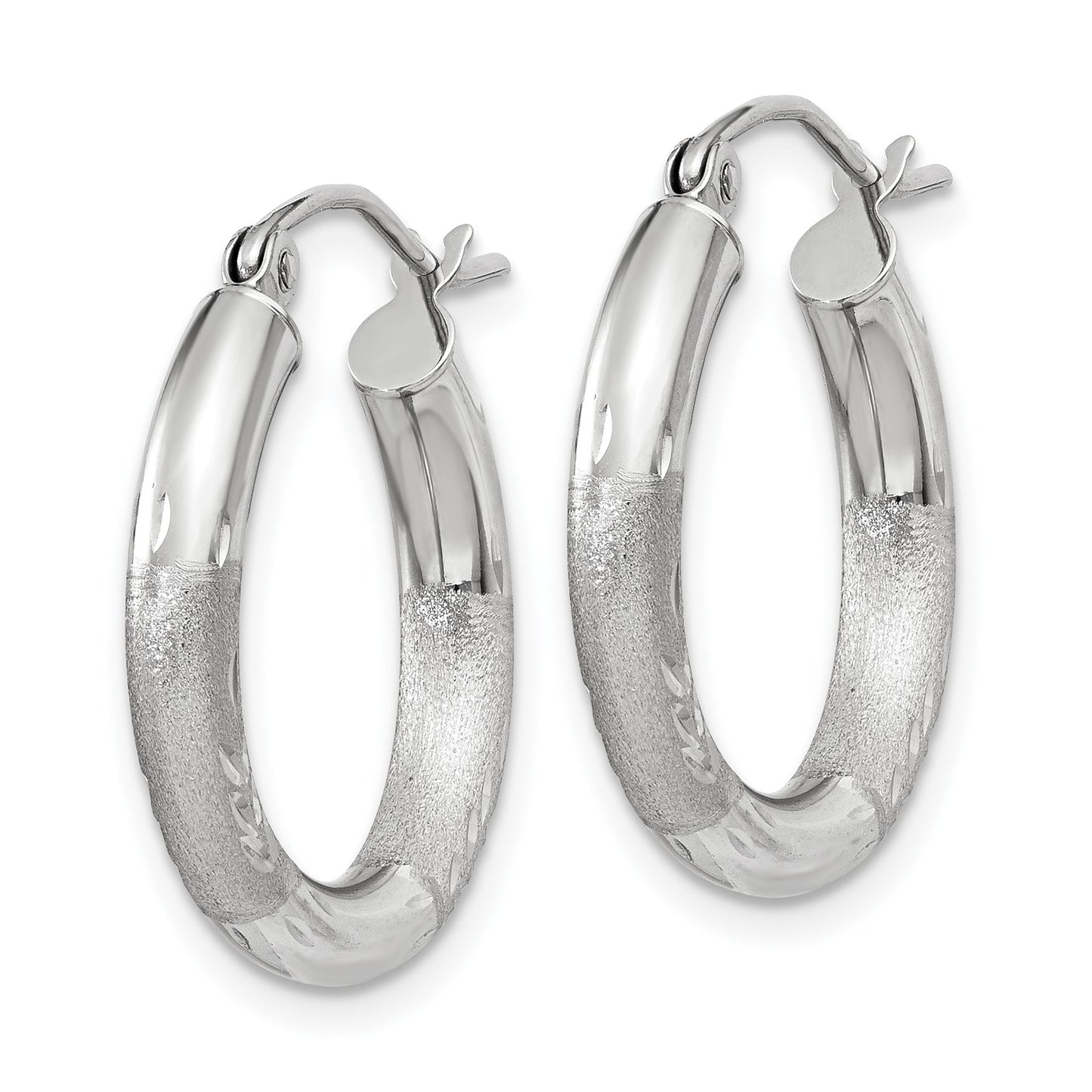 14k White Gold 3x18mm Satin Diamond-cut Round Tube Hoop Earrings