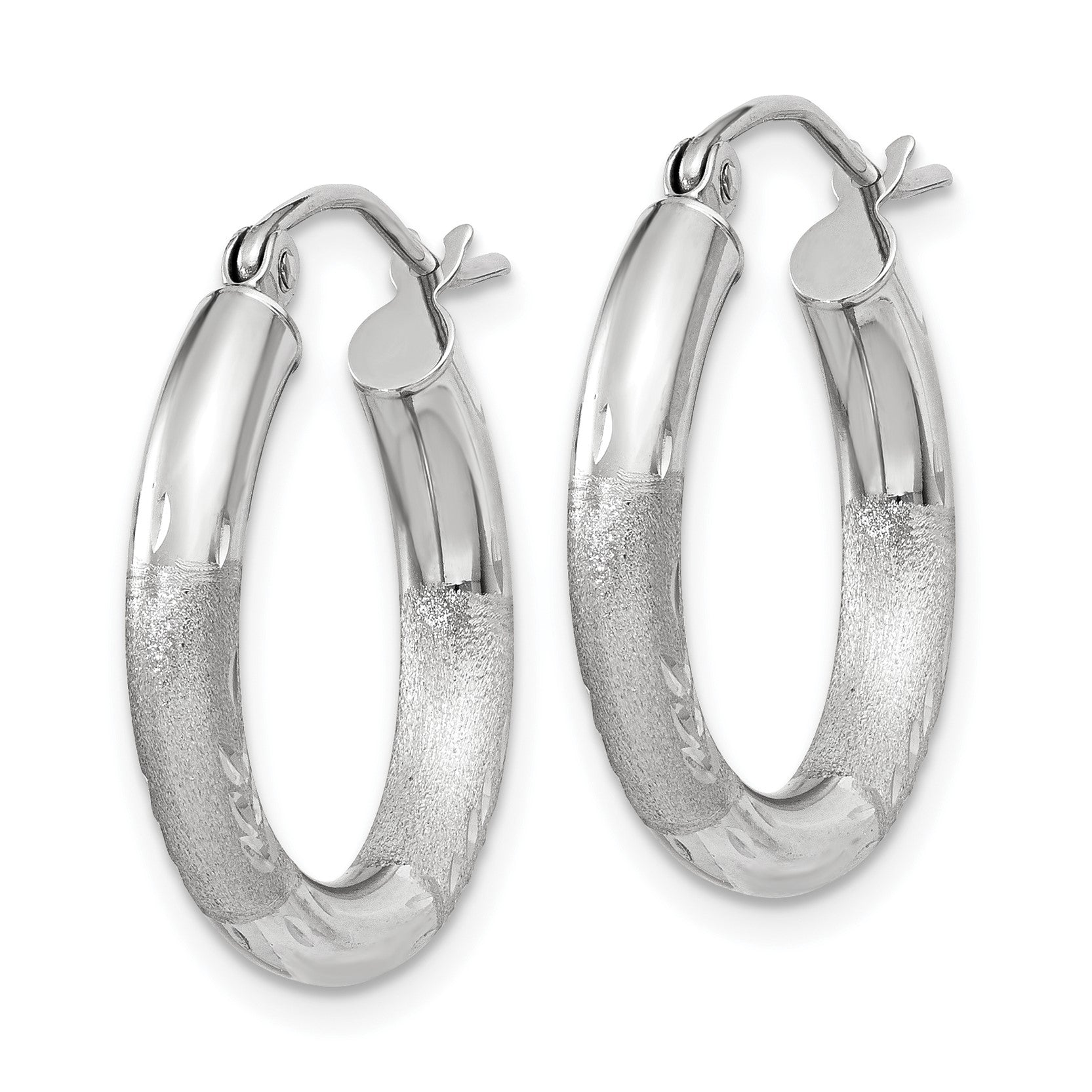 14k White Gold 3x18mm Satin Diamond-cut Round Tube Hoop Earrings
