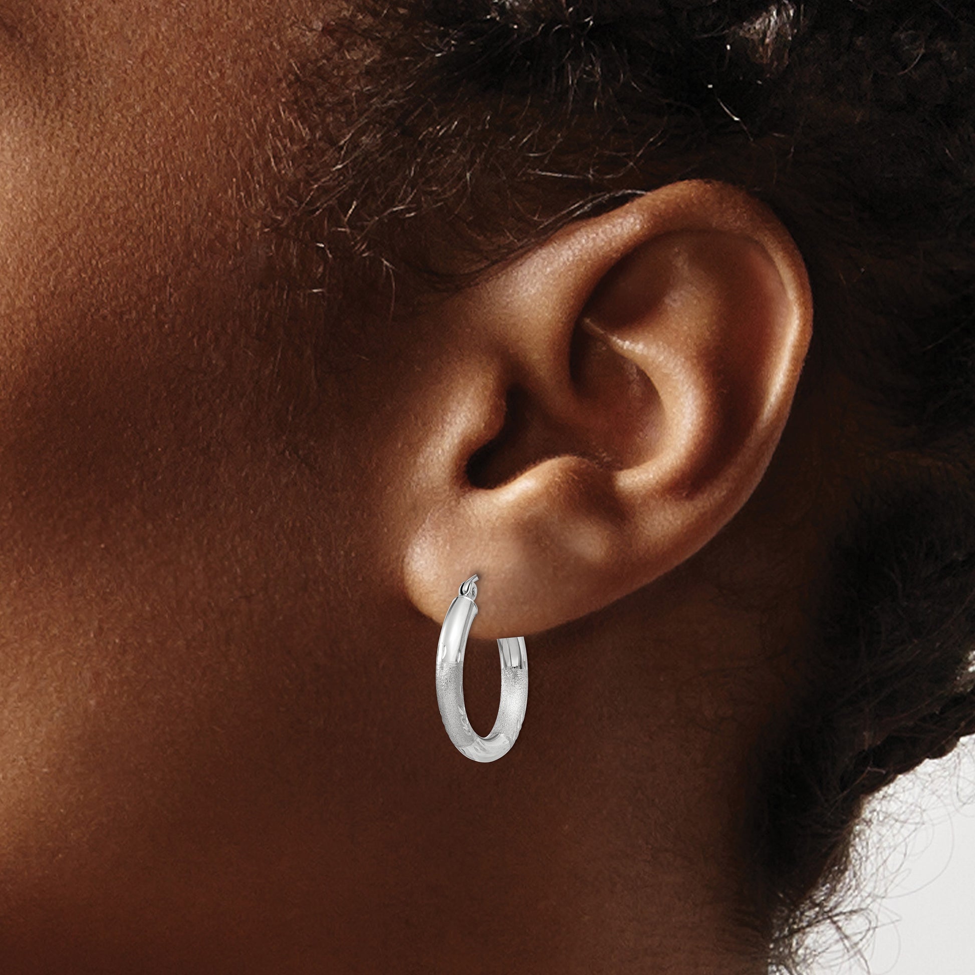 14k White Gold 3x18mm Satin Diamond-cut Round Tube Hoop Earrings