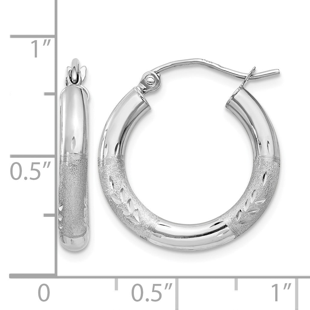 14k White Gold 3x18mm Satin Diamond-cut Round Tube Hoop Earrings