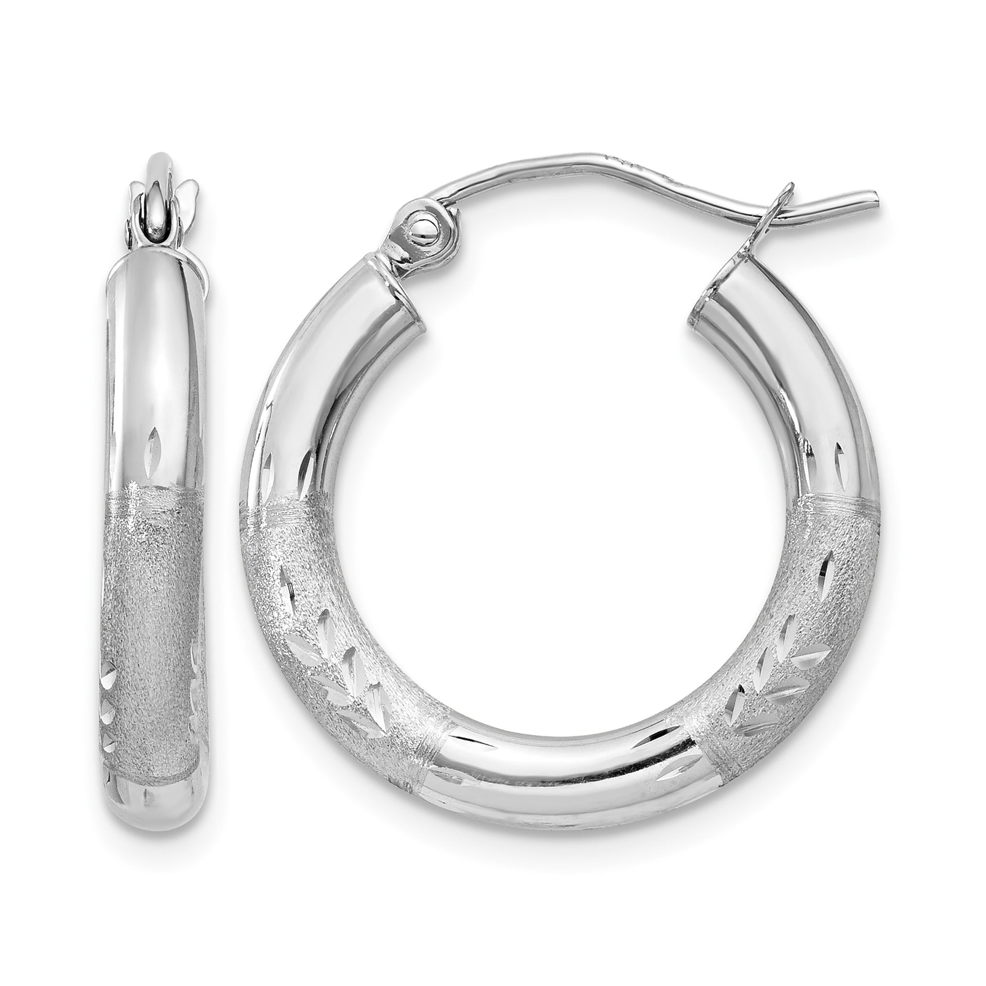 14k White Gold 3x18mm Satin Diamond-cut Round Tube Hoop Earrings