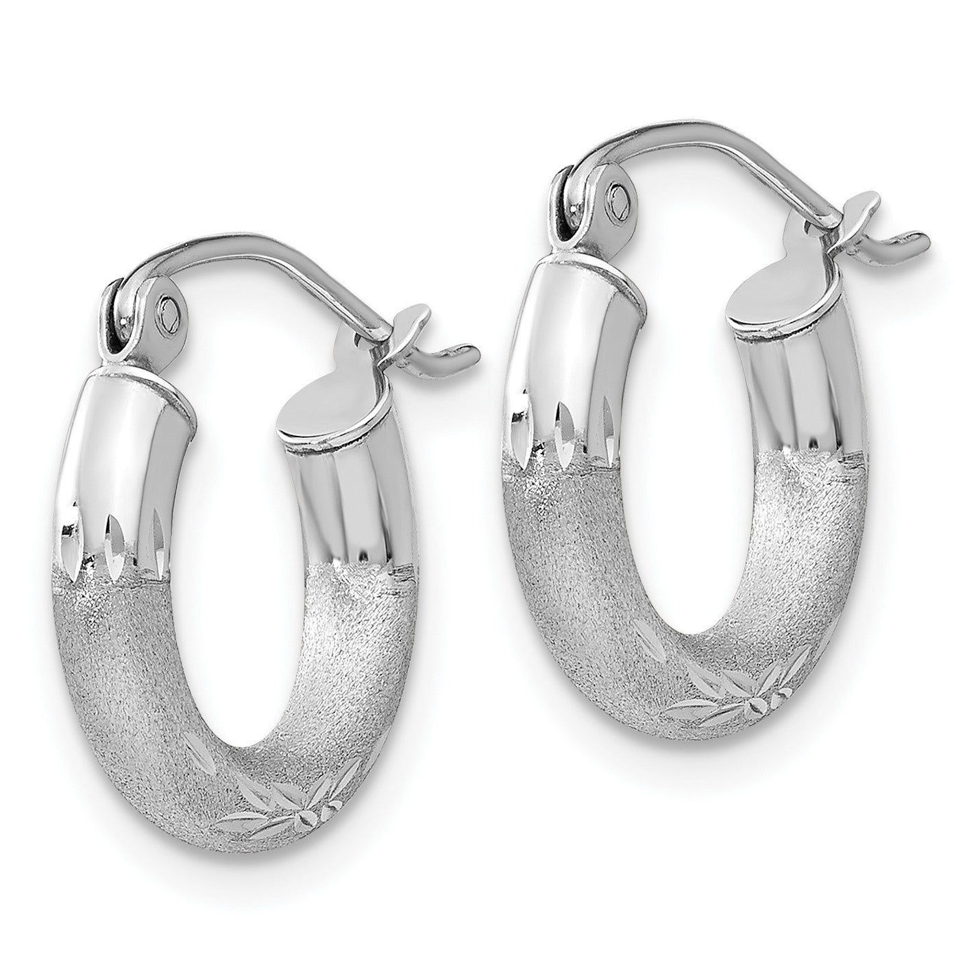 14k White Gold 3x13mm Satin Diamond-cut Round Tube Hoop Earrings