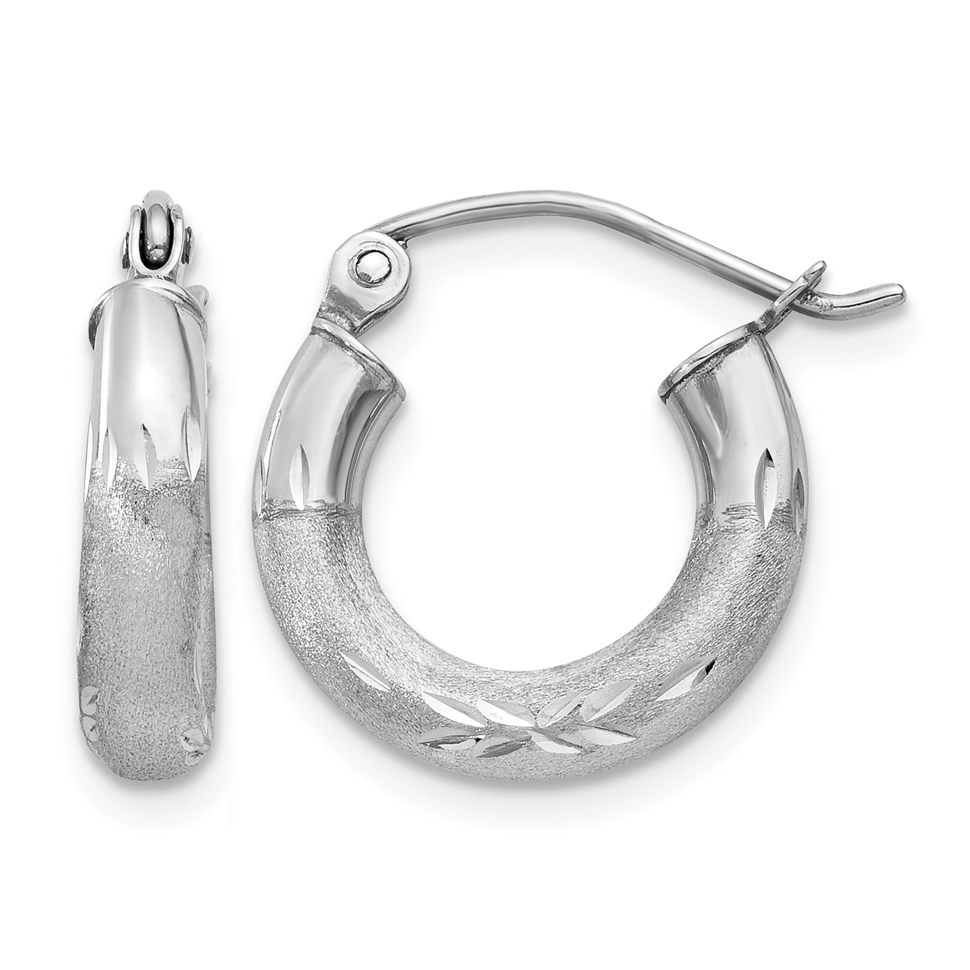 14k White Gold 3x13mm Satin Diamond-cut Round Tube Hoop Earrings