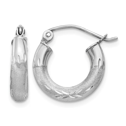 14k White Gold 3x13mm Satin Diamond-cut Round Tube Hoop Earrings