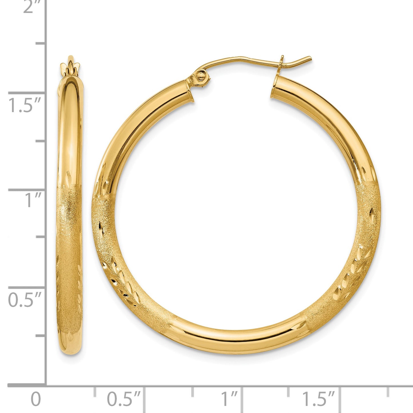 14k 3x35mm Satin Diamond-cut Round Tube Hoop Earrings