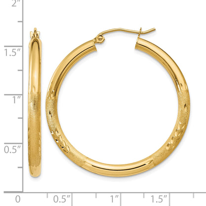 14k 3x35mm Satin Diamond-cut Round Tube Hoop Earrings