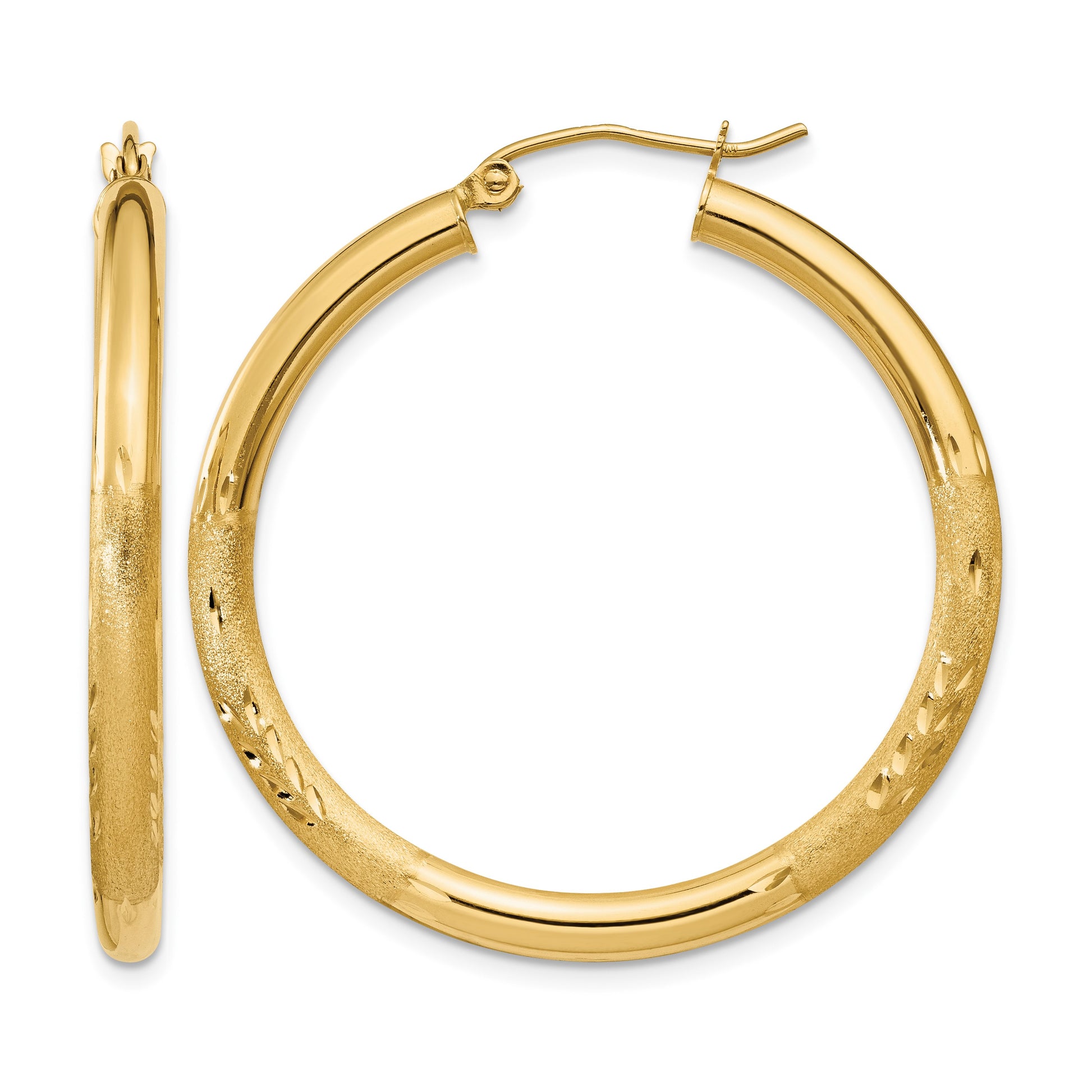 14k 3x35mm Satin Diamond-cut Round Tube Hoop Earrings