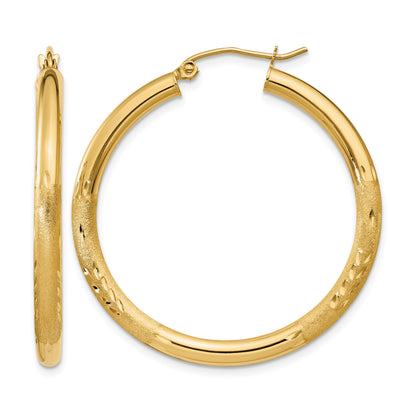 14k 3x35mm Satin Diamond-cut Round Tube Hoop Earrings