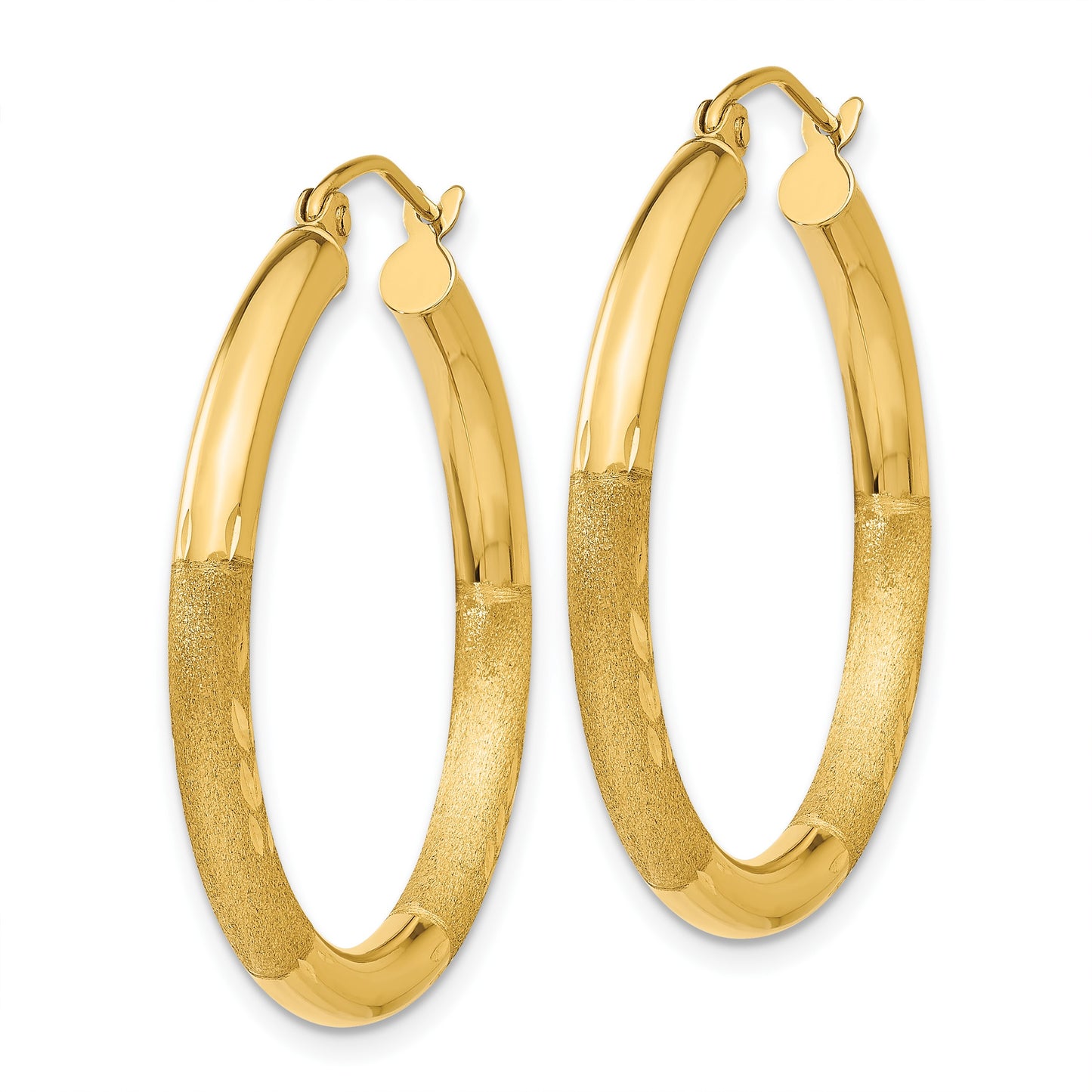 14k 3x30mm Satin Diamond-cut Round Tube Hoop Earrings