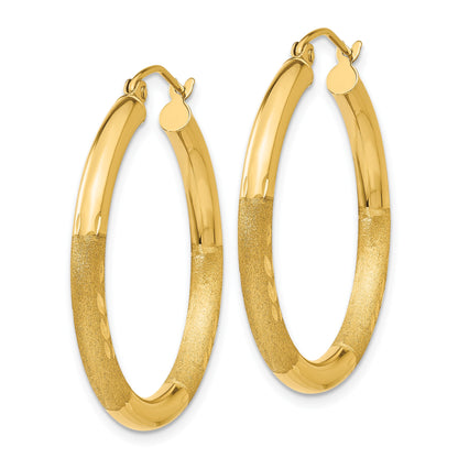 14k 3x30mm Satin Diamond-cut Round Tube Hoop Earrings