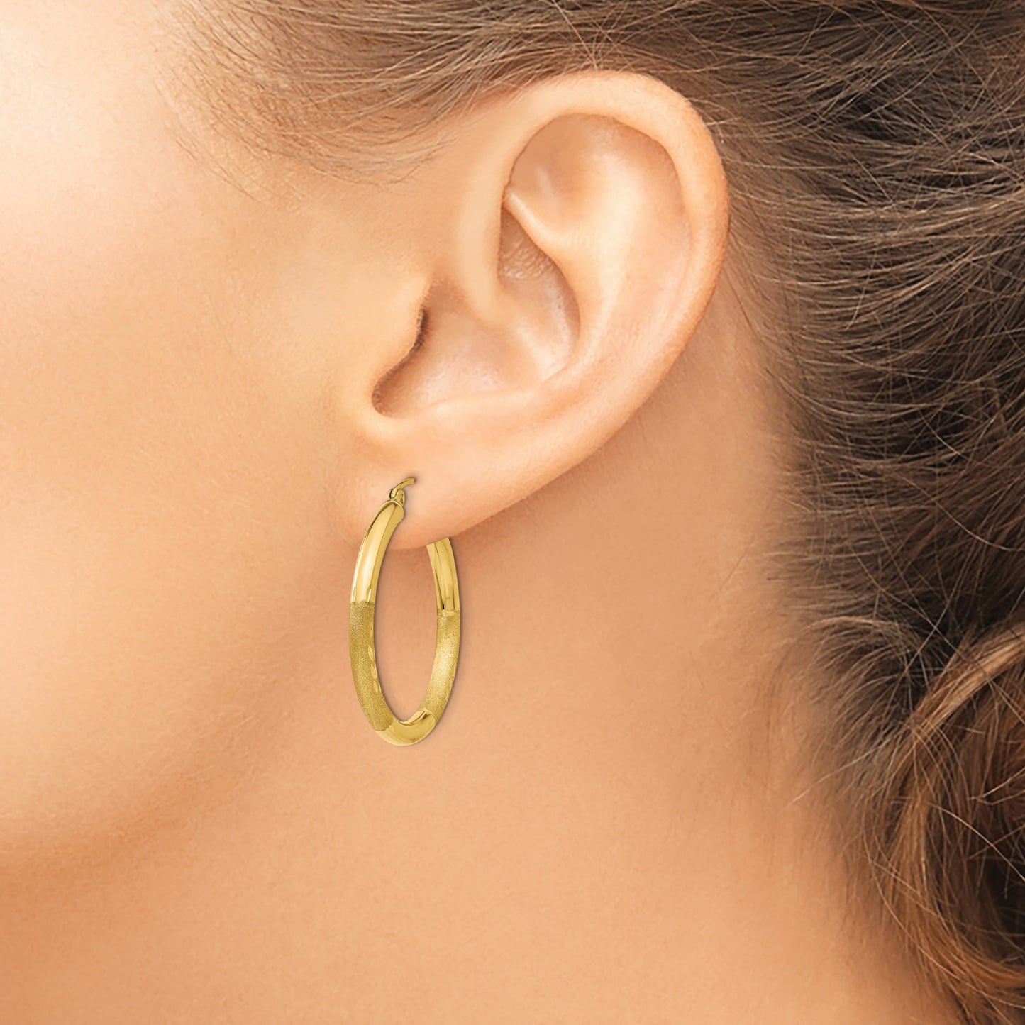 14k 3x30mm Satin Diamond-cut Round Tube Hoop Earrings
