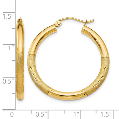 14k 3x30mm Satin Diamond-cut Round Tube Hoop Earrings