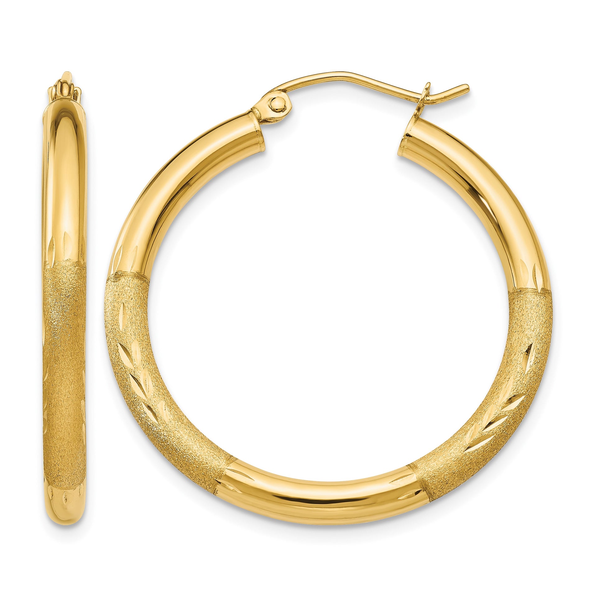 14k 3x30mm Satin Diamond-cut Round Tube Hoop Earrings