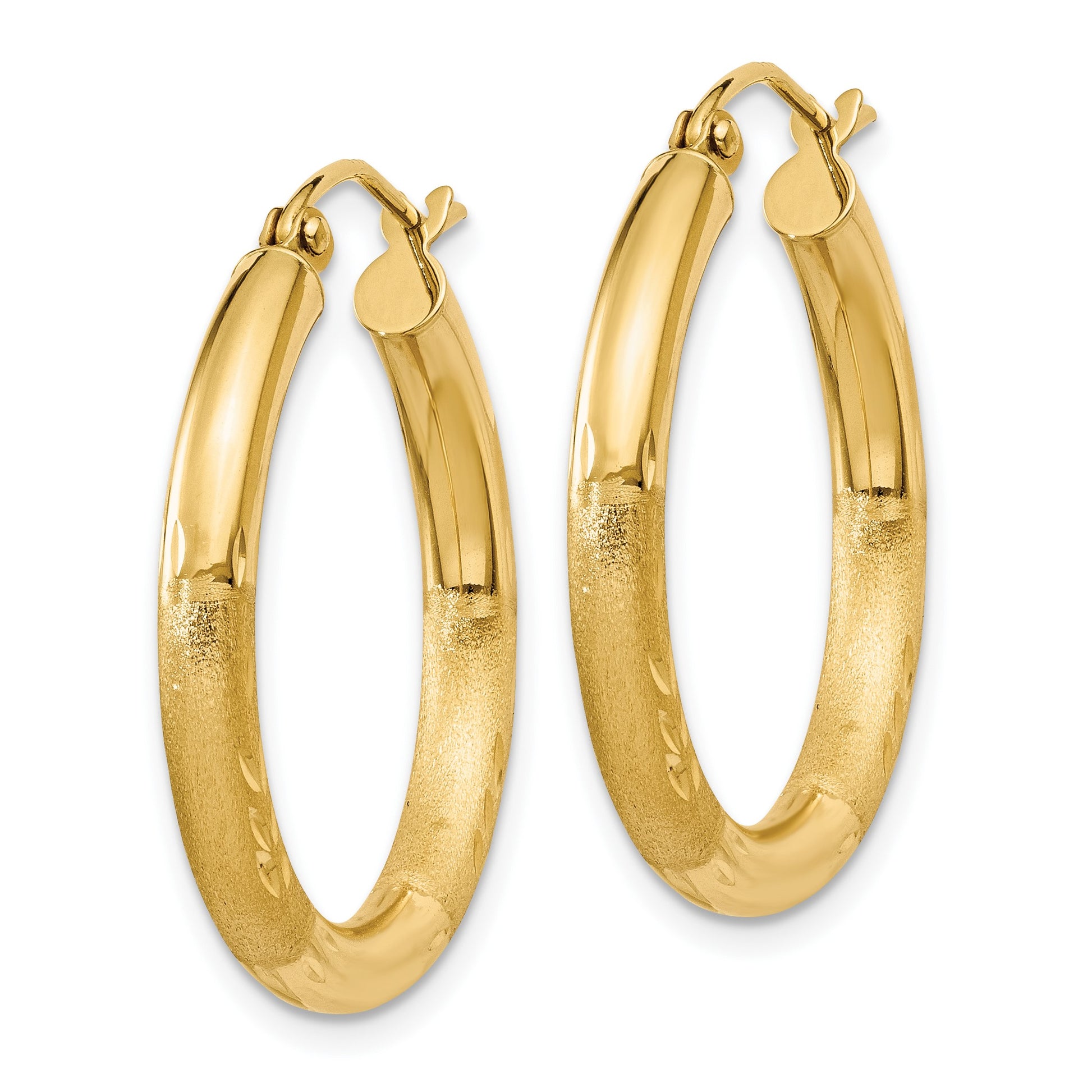 14k 3x25mm Satin Diamond-cut Round Tube Hoop Earrings