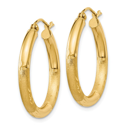 14k 3x25mm Satin Diamond-cut Round Tube Hoop Earrings