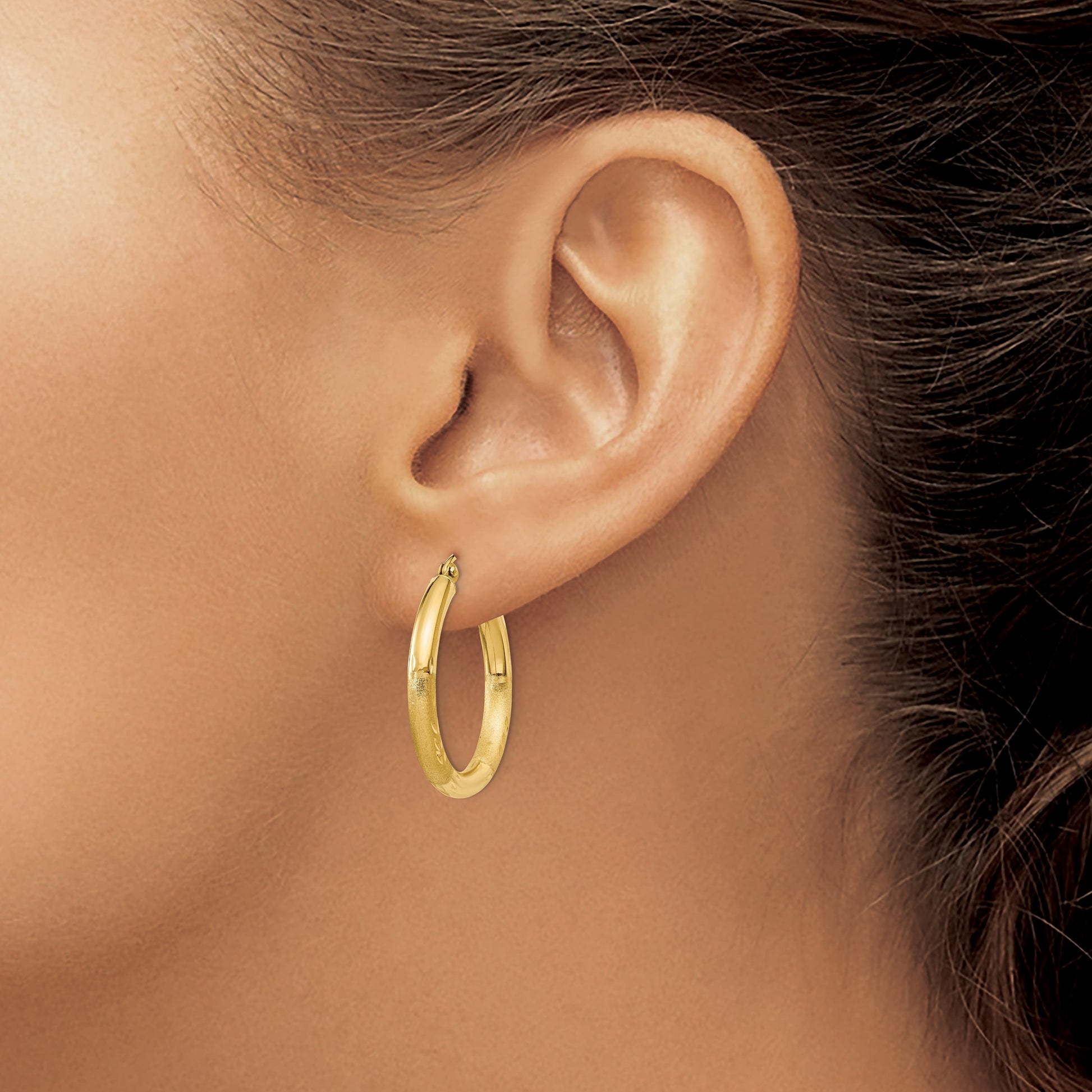 14k 3x25mm Satin Diamond-cut Round Tube Hoop Earrings