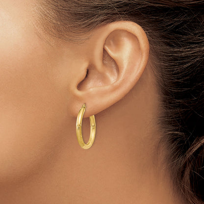 14k 3x25mm Satin Diamond-cut Round Tube Hoop Earrings
